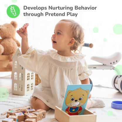 Bimi Boo Wooden Feeding Toy - Montessori Pretend Play Food Set for Toddlers 1-4+ - Fine Motor Skills Scooping Toy for Kids (27 Various Foods, a Spoon, Bowl)