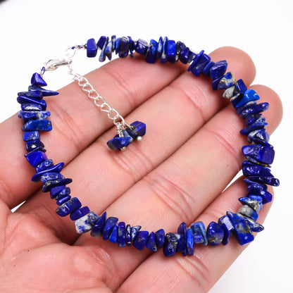 Gemkora Natural Lapis Lazuli Crystal Bracelet Women Jewelry, Raw Chips Nuggets Beaded Bracelets, Bracelet, Special Event Jewelry, Silver Plated 8 inch Bracelets