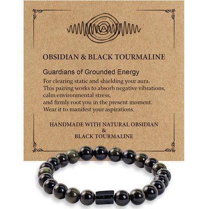 Buddha Stones Black Obsidian Bracelet with Black Tourmaline, Black Stone Bead Bracelet for Men & Women, Unisex Good Luck Bracele for Protection Positive Energy, Healing Crystal Bracelet for Anxiety Relief, Includes Gift Box & Card - 8MM