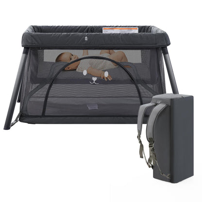 Sporary Travel Crib, Portable Crib for Baby, Pack and Play for Babies and Toddler, Lightweight Backpack Design,Foldable Travel Baby Playpen with Mattress(Dark Grey)