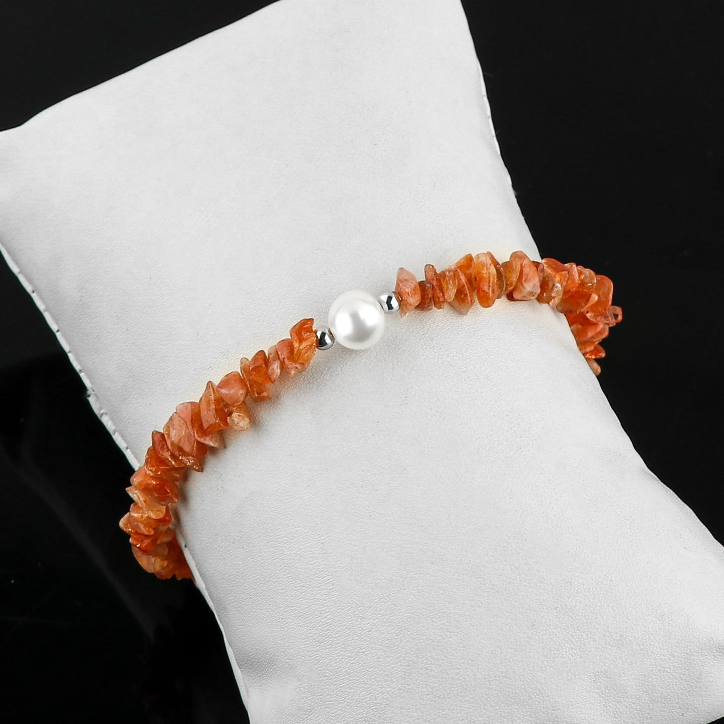 CRYSTALIS Natural Sunstone Beads Slider Bolo Bracelet with Elegant Pearl, Uncut Chips Nuggets Crystals, Chakra Healing Gemstone, Women Jewelry, 925 Sterling Silver Slider 10 inch