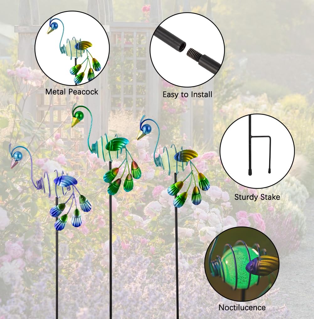 Stargarden Decorative Garden Stakes, 3 Pack Glow in Dark Metal Garden Stakes, Luminous Peacock Yard Art Decor Waterproof Lawn Ornament Gifts for Mom, Women