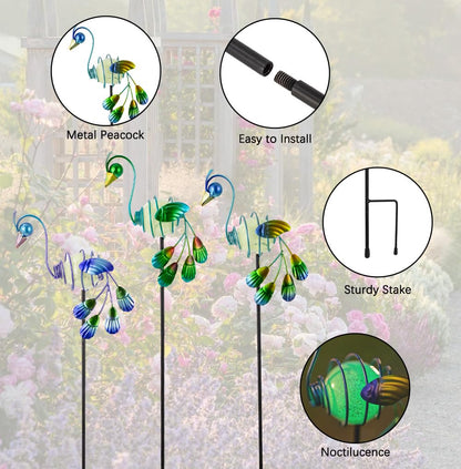 Stargarden Decorative Garden Stakes, 3 Pack Glow in Dark Metal Garden Stakes, Luminous Peacock Yard Art Decor Waterproof Lawn Ornament Gifts for Mom, Women