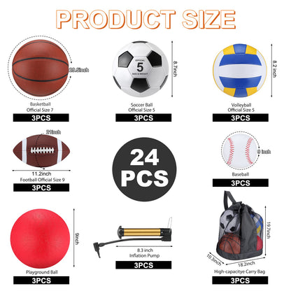 Leyndo 18 Pcs Sport Balls Bulk Set Basketball Football Volleyball Soccer Playground Baseball with Sport Equipment Bag Pump for Adults Gifts Outdoor Indoor(Brown)