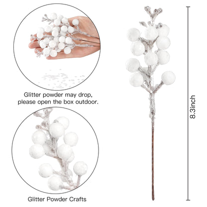 Sggvecsy 30Pcs Christmas Glitter Berries Stems Artificial Red Berry Branches Holly Picks Stems Christmas Tree Ornaments for DIY Xmas Wreath Crafts Gifts Holiday Home Decor (White)