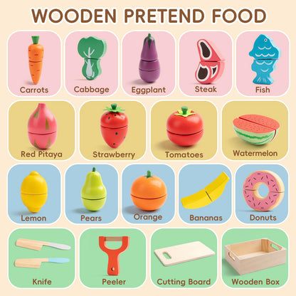 KDSFT Wooden Play Food for Toddlers - 34Pcs Velcro Fruit and Veggies with Basket & Chopping Board, Play Food Sets for Kids Kitchen Accessories, Cutting Fruit Set for Ages 3+