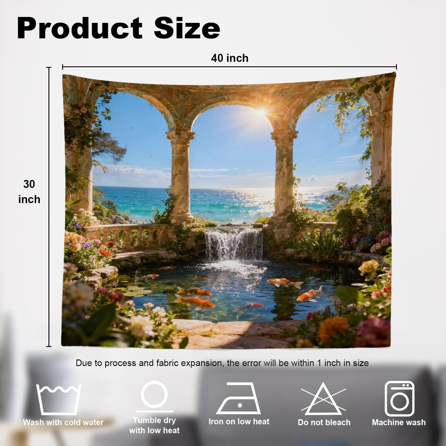 Shrahala Green Beautiful Landscape Wall Tapestry, Palace Beauty Retro Pavilion Waterfall Nature Scenery Wall Hanging Large Tapestry Decoration Fiber White Hem Around For Dorm Room Bedroom 30 X 40 In