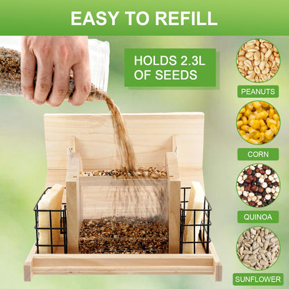 Liawm Wooden Bird Feeder for Outdoors Hanging Mount Large Capacity, Pine Garden Roof Feeder with 2 Suet Cages, Cardinal Bluebird Birdfeeder for Garden Decoration Yard, Weatherproof Durable