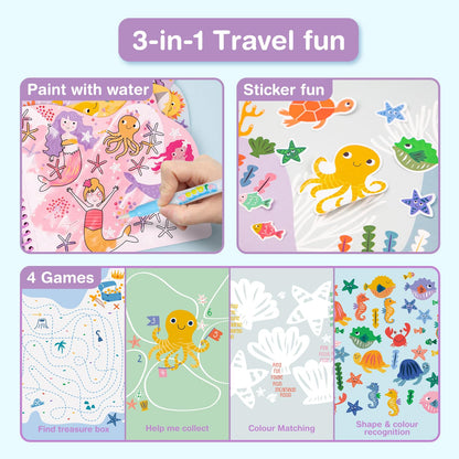 Avenir Reusable Water Coloring Book for Toddlers 3-5 – Mess-Free Paint-with-Water Travel Toy Airplane Activities Road Trip Quiet Book, Water-Reveal Activity Pad, 3-in-1 Creative Set