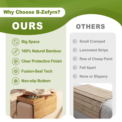B-Zefyrn Sofa Arm Tray, Foldable Bamboo Couch Armrest Table with Large 12.5" x 5.8" Storage Compartment, Portable Chair Couch Caddy Arm Tray for Cup TV Snacks Phone Remote Anti-Slip Bottom