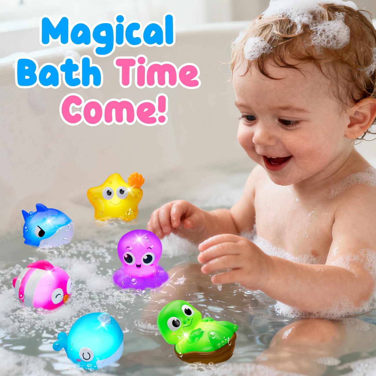 Light Up Bath Toys for Kids Ages 1-3, Pool Toys for 1 2 3 Year Old Girl Boy, Water Activated Bath Toys for Toddlers 3-5, Glowing Bathtub Toys for Baby Boy & Girl Gifts, 6 Pack