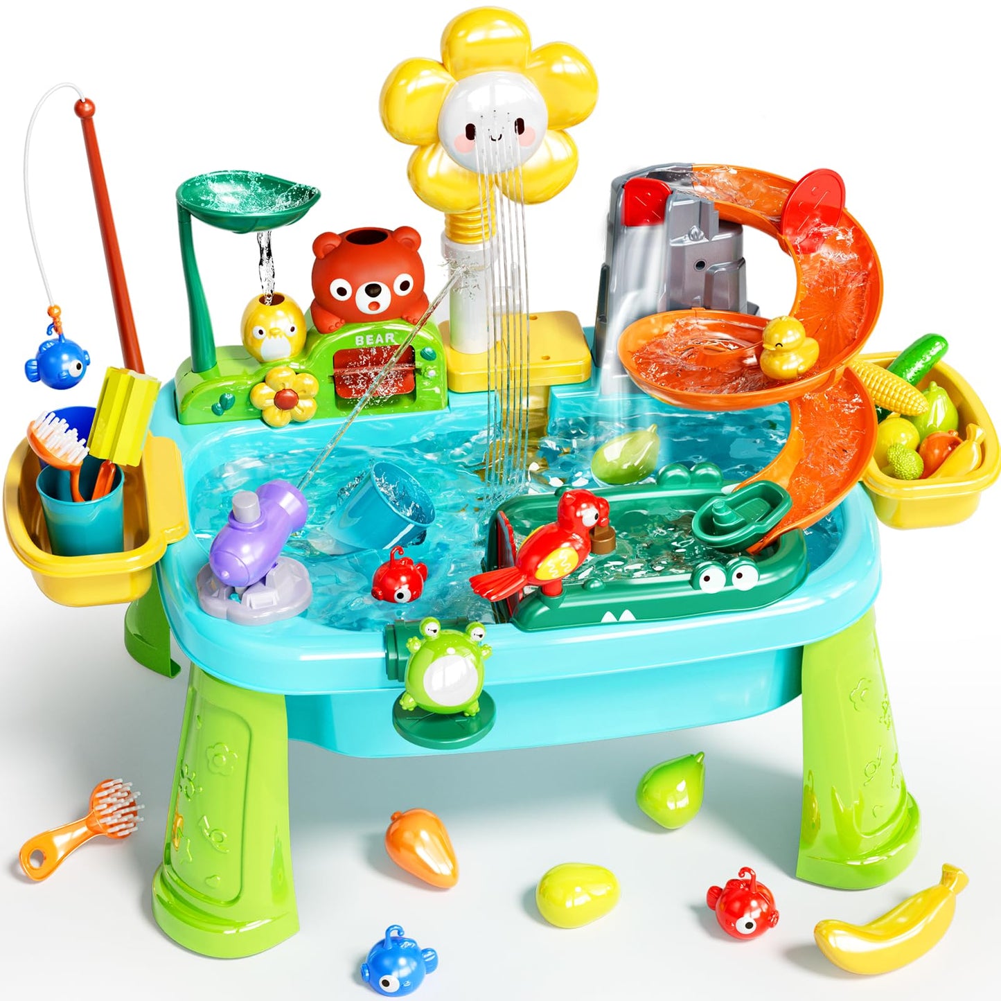Pupu Pig Water Table Play Sink Toys for Toddlers, Kids Play Kitchen Sink with Running Water, 360° Electric Faucet, Floating Fishing Game, Sensory Water Table Toys for Boys Girls Summer Gifts