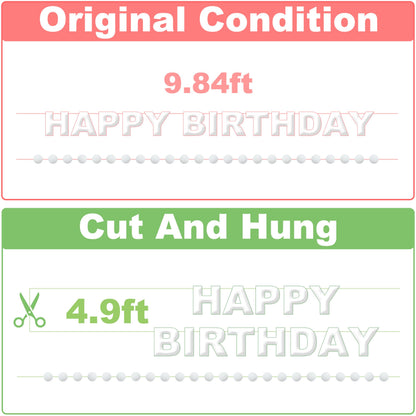 2 PCS Pre-Strung 3D Felt Happy Birthday Banner - White Theme Birthday Decorations Sign, Pom Pom Garland, Reusable Party Decor, Photo Prop（White）