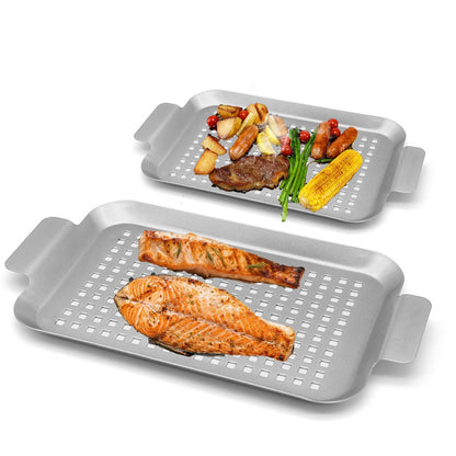 Grill Topper Non-Stick Stainless Steel BBQ Tray with Holes Outdoor Grilling Pans for Meat Vegetables Set of 2 (16.5" x10" and 13"x7.4")