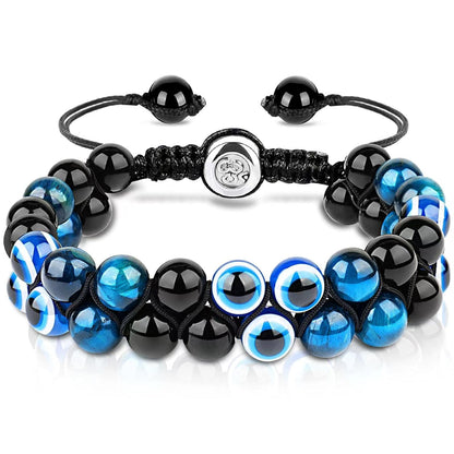 Evil Eye Bracelets for Men Women - Triple Protection Bracelet - Tiger Eye and Black Obsidian Chakra Energy Healing Bracelet - 8mm Beads Good Luck Prosperity and Happiness Crystal Jewelry Stone