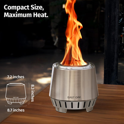 East Oak Fuoco Smokeless Fire Pit 7'' for Patio and Outdoor, 3-in-1 Ash Pan | Portable Wood & Pellet Firepit | Stainless Steel 120% More Efficient Burn | Backyard, Easy Ignition & Compact Design