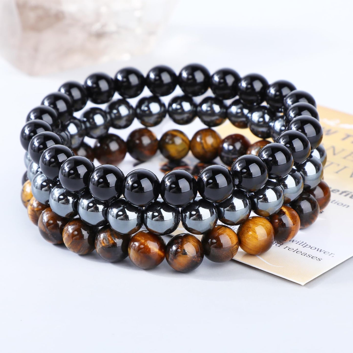 CMBYN 3-Pieces 8mm Natural Crystal Gemstone – ﻿Black Onyx, Hematite, Yellow Tiger's Eye Handmade Reiki Energy Healing Stretch Bracelets Jewelry for Yoga, Meditation, Unisex