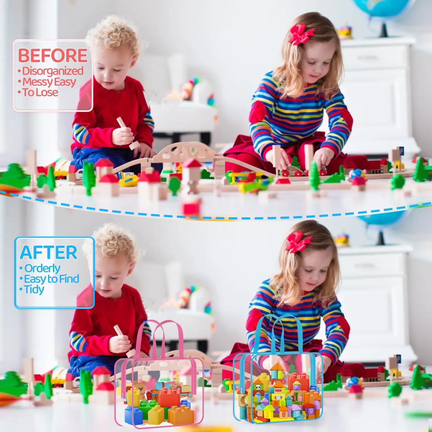 6 Packs Large Toy Storage Bags PVC Waterproof Organizers Toy Bags Reusable Clear PVC Board Game Storage with Zipper and Handle for Board Games, Building Blocks, Puzzles, Toys and Handmade Accessories