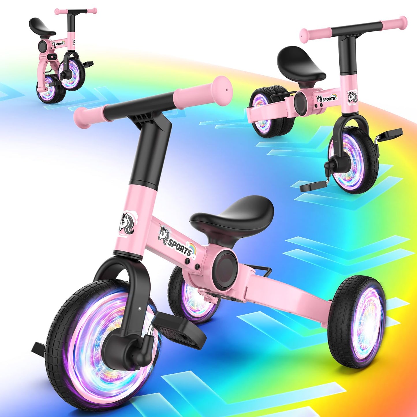 3 in 1 Toddler Balance Bike for 1-4 Year Olds, Colorful Lighting Baby Toddler Tricycle for 1 2 3 4 Year Old with Removable Pedals, Kids Bicycle Toy for Boys Girls Balance Training, Birthday Gift