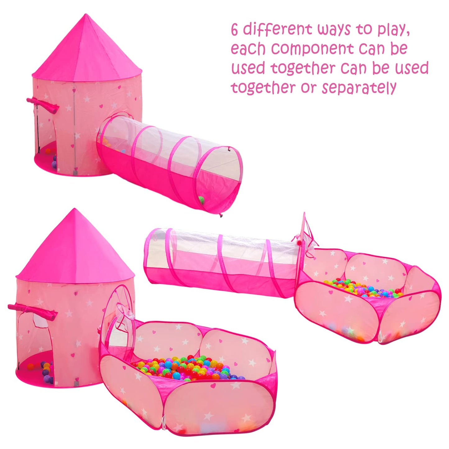 3PC Princess Tent for Girls with Kids Ball Pit, Kids Play Tents and Crawl Tunnel for Toddlers, Pink Pop Up Playhouse Toys for Baby Indoor& Outdoor Tent Games (Pink Tent with Stars 3pc)