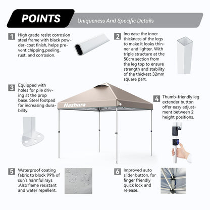 Nazhura 10' x 10' Pop Up Canopy Tent with Sand Weight Bag, Awing for Patio, Freestanding Sun Shelter for Picnic and Camping, One Person Setup, White (Kahki)
