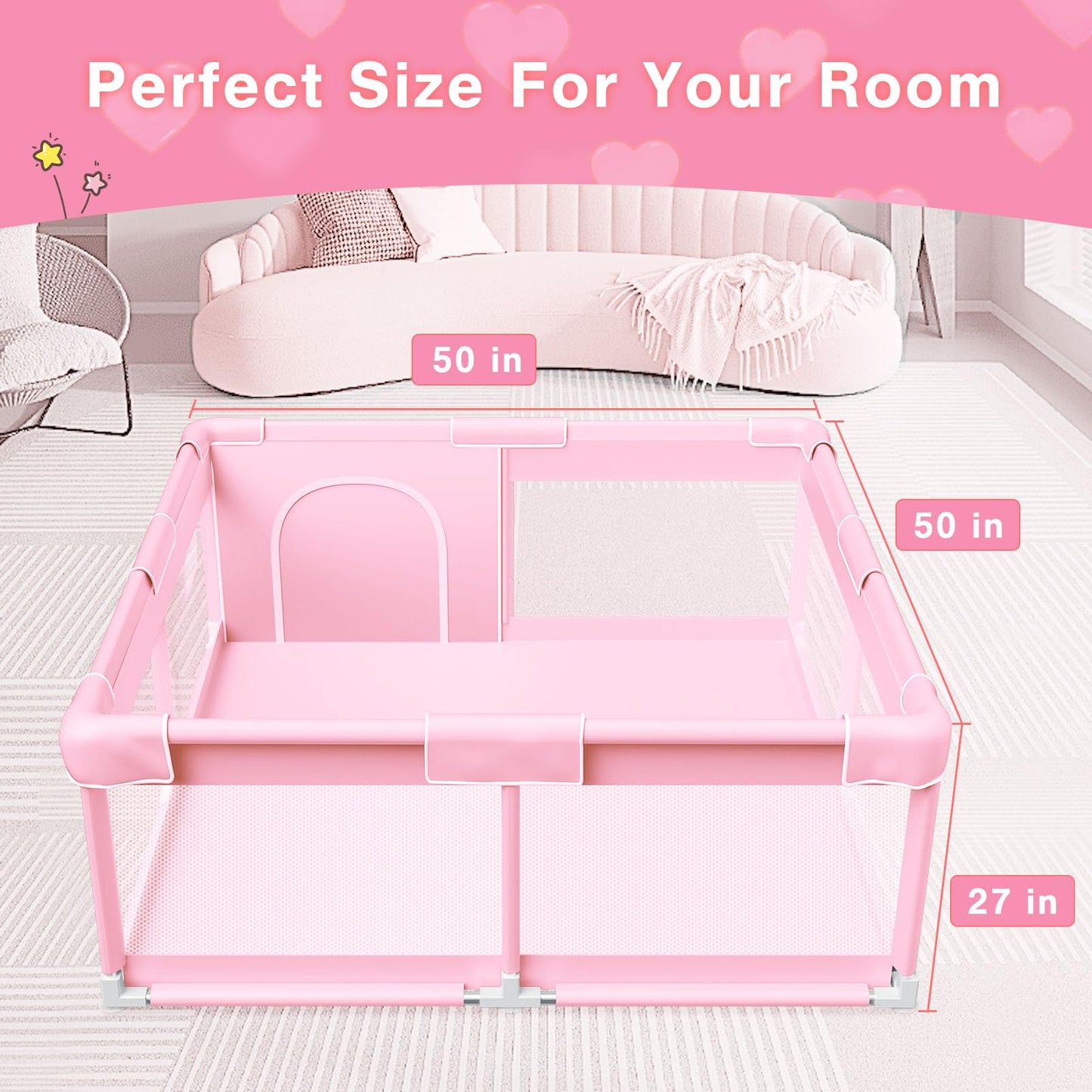 Pink Baby Playpen 50x50 Inches Playpen for Little Princess Play Yards Indoor & Outdoor Sturdy Safety Baby Girls Play Pen with Soft Breathable Mesh Toddlers Activity Center with Anti-Slip Base