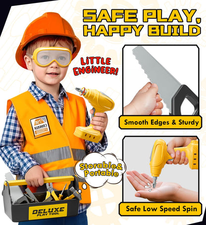 Lehoo Castle Kids Tool Set with Electric Toy Drill and Tool Box, Construction Toys for 3 Year Old Boys Birthday Gift, Pretend Play Toddler Tools for 3-5 Years Old (Yellow)