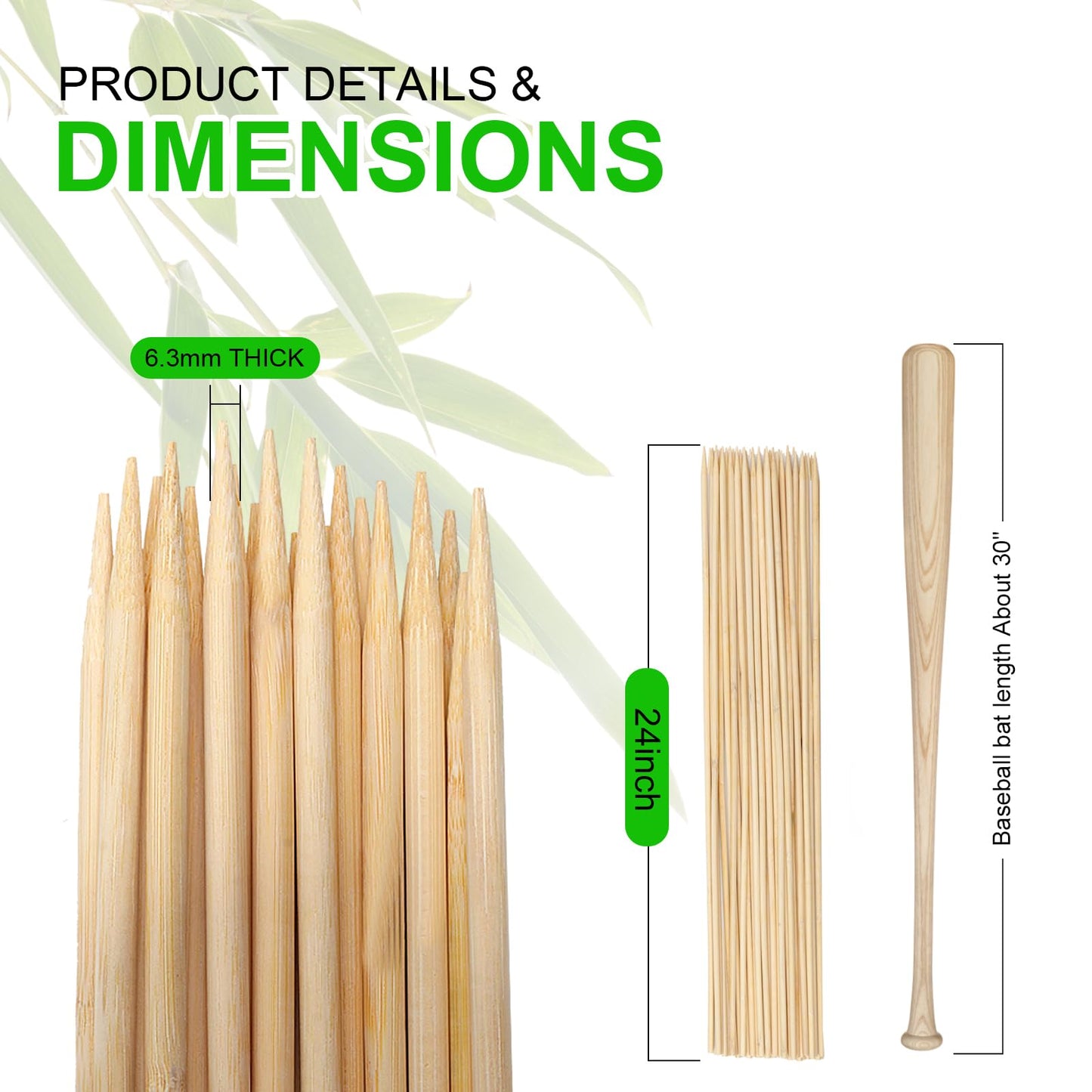 BETESINE 24 Inch Bamboo Marshmallow Roasting Sticks, 100 Pack 6.3mm Thick S’mores Sticks for Fire Pit, Campfire, BBQ, Hot Dogs & Camping, Natural Disposable Bamboo