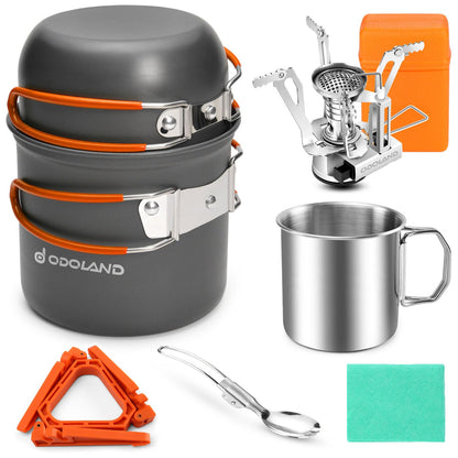 Odoland 8pcs Camping Cookware Mess Kit, Camping Pot and Pan Set with Mini Backpacking Stove, Stainless Steel Cup, Spork and Tank Bracket, Cooking Gear for Outdoor, Hiking, Picnic, Campfire, Red