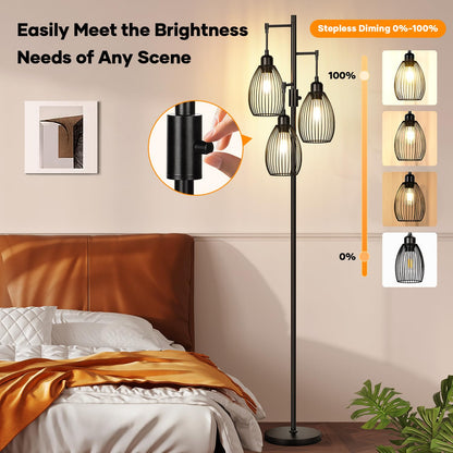 Dimmable Floor Lamp, 3 x 800LM LED Edison Bulbs Included, Farmhouse Industrial Floor Lamp Standing Tree Lamp with Elegant Teardrop Cage Tall Lamps for Living Room Bedroom Office Dining Room-Black