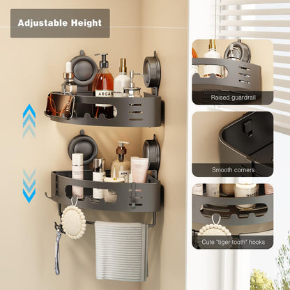 Voldra Corner Shower Caddy Suction Cup, Aluminum Corner Shower Shelves for Wall No Drilling, Large Suction Cup Shower Organizer with Towel Bar & Hooks Removable Bathroom Storage Rack(2 Pack-Gray)