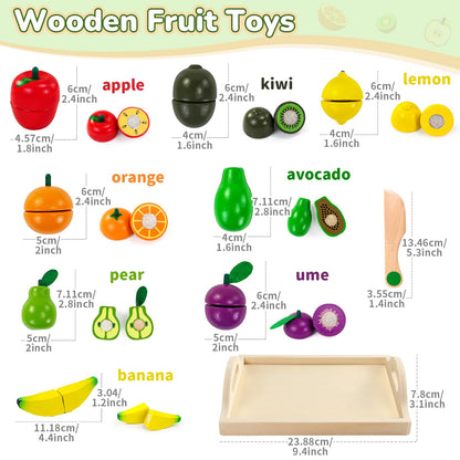 Fajiabao Wooden Play Food for Kids Kitchen Montessori Toys for 2 Year Old Girls & Boys Wood Cutting Fruit Set with Tray Fine Motor Skills Educational Toddler Gifts 2 3 4 5 6