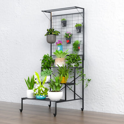 Zhongma 3 Tier Large Heavy Duty Plant Stand with wheels, Tall multi layer Plant Holder with Hanging Plant pot shelf, 35.43 x 33.27 x 80.7inch, Each Tier: 35.43 L x 10.5W, Easy to Hold Large Plant Pot