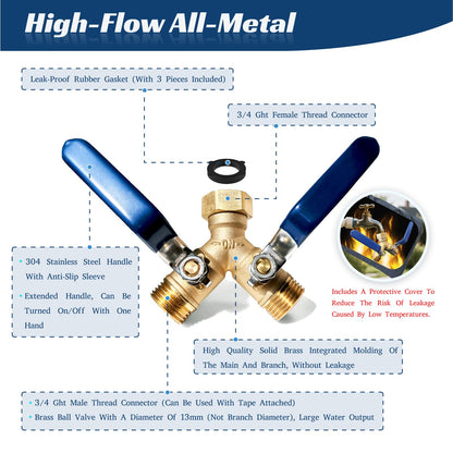 Garden Hose Splitter 2 Way Heavy Duty Brass Hose Splitter With 304 Stainless Steel Long Handle & Winter Faucet Protector, 3/4" Y Valve Thread High Flow Outdoor Faucet Splitter