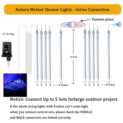 Aukora Christmas Lights Outdoor Meteor Shower Lights 12 inch 8Tubes 192LED UL Certified Falling Rain Drop Snow Icicle String Light for Xmas Tree Christmas Decorations Party Wedding Holiday Yard Blue