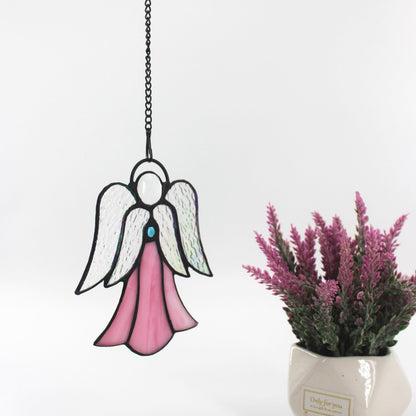 Stained Glass Angel Window Hanging Pink Angel Sun Catcher Handmade Home Ornament Decor Thank You Mother Gifts for Family,Friends,Nurse,Memorial
