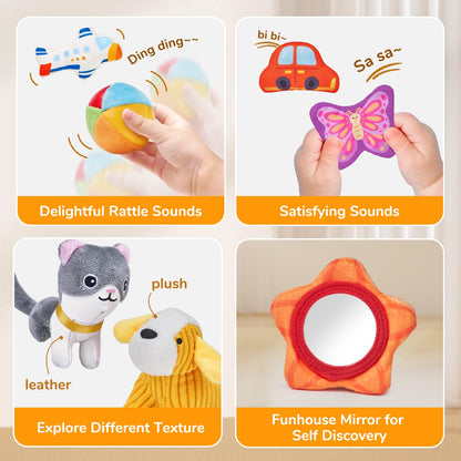 JoyCat Baby Toys 6-12 Months - Mystery Soft Box with 10 Sensory Objects, Rattle, Crinkle Paper, Mirror + Ice Cream Toys for Toddlers, Color Recognition Stacking Play Set with 7 Matching Cones & Scoops