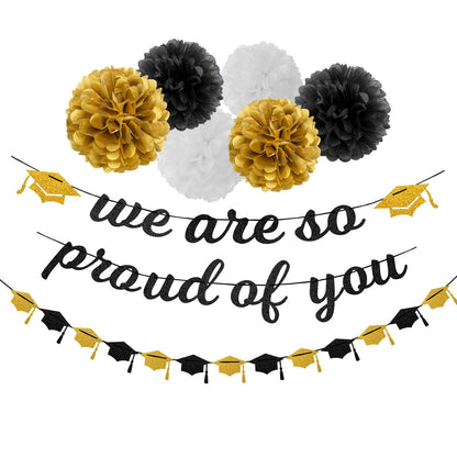 Black White-Gold Party-Decoration Graduation Banner - 8pcs Kits Cap Garland Streamers, Paper Tissue Pom Poms Flowers,We are So Proud of You Grad Graduation 2025 Decor Lasting Surprise