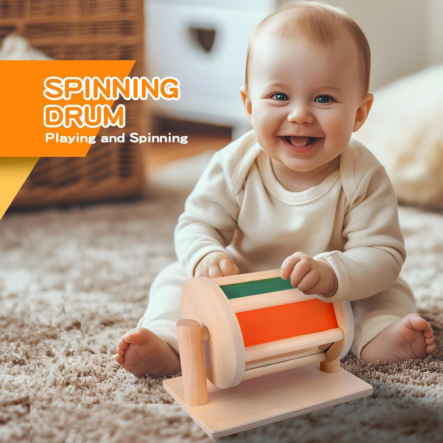 Montessori Educational Toys for Babies 7-12 Months, 7 in 1 Early Learning Educational Kit for Toddlers Gifts, Includes Spinning Drum, Permanent Box, Red Mirror Knob Puzzle, Hedgehog Rattle and More