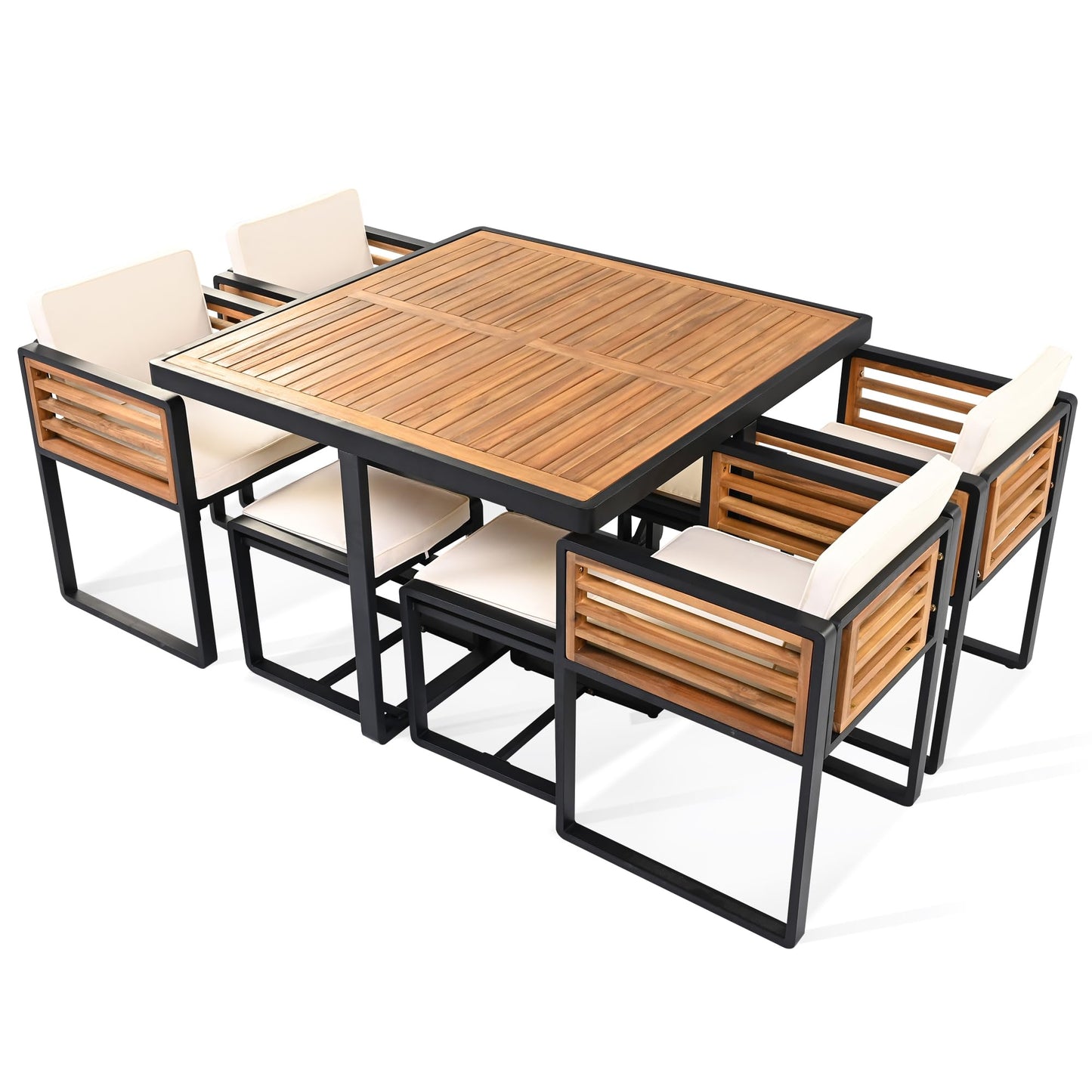 Merax 9 Pieces Outdoor Dining Set for 8 People, Acacia Wood Patio Furniture Sets with 1 Square Table, 4 Cushioned Chairs and 4 Ottomans for Backyard, Garden, Lawn, Poolside, Space Saving Design, Beige