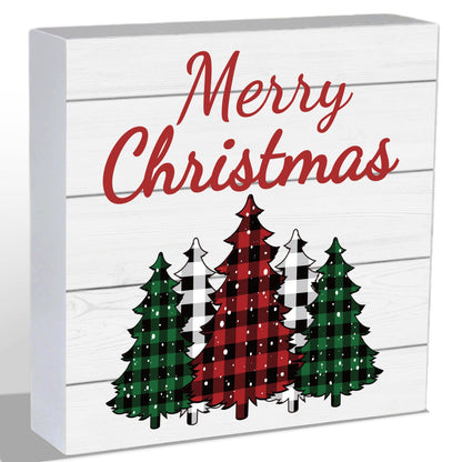Christmas Decorations Indoor Christmas Decor Table Home Room Buffalo Plaid Tree Office Bathroom Wood Box Sign Rustic Wooden Shelf Desk Decor Season Sign House Warming Gifts 5.9 x 5.9 Inch
