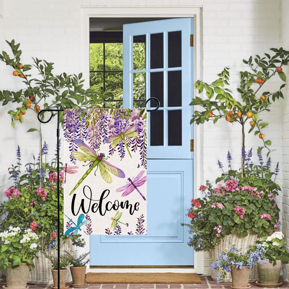 Baccessor Spring Summer Flower Garden Flag Wisteria Dragonfly Floral Welcome Small Yard Flag Burlap Double Sided Vertical Seasonal Farmhouse Wedding Outside Outdoor Decoration 12.5x18 Inch
