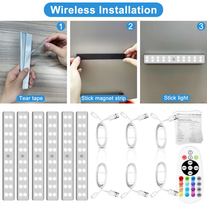 Under Cabinet Lighting Wireless with Remote, 48 LED Rechargeable Under Cabinet Lights, Kitchen Counter Lights Dimmable LED Closet Light RGB Bar for Shelf, Car, Hallway, 15 Color Changing, 6 Pack
