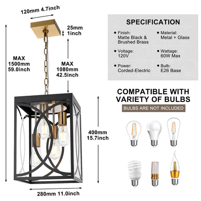 WINSHEN 4-Lights Large Outdoor Pendant Light Fixture, E26 Bulb Base Porch Hanging Lighting in Black & Brushed Brass, Modern Exterior Lantern Chandelier Ceiling Mount for Patio Front Door