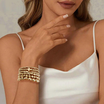 Sajidos Gold Plated Beaded Bracelets for Women Trendy, 14K Gold Plated Stack Cross Pearl Bead Stretch Bracelets Set Elastic Hypoallergenic Bracelets Jewelry Gifts (style1)