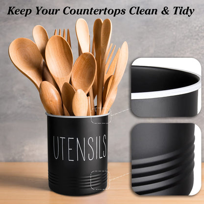 Kitchen Utensil Holder, 6.7" Utensil Holder for Kitchen Counter, Cooking Utensil Crock with Cork Bottom, Modern Farmhouse Decor, Countertop Utensil Storage Organizer Caddy, Black