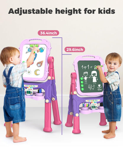 YOHOOLYO Kids Easel Standing Art Easel for Kids, Double Sided Children Pink Purple Easel Magnetic Chalkboard Whiteboard Dry Eraser Board Great Gift for Girls