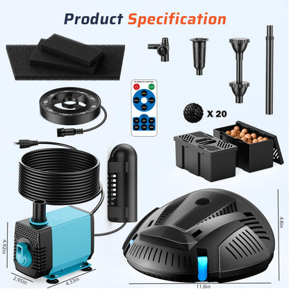Antfraer Pond Filter with U-V Clarifier, 660GPH Pond Pump and Filter Kit & RGB LED Lights, All-in-One Submersible Pond Fountain for Outdoor Ponds, Koi Ponds, Water Gardens with Remote Control