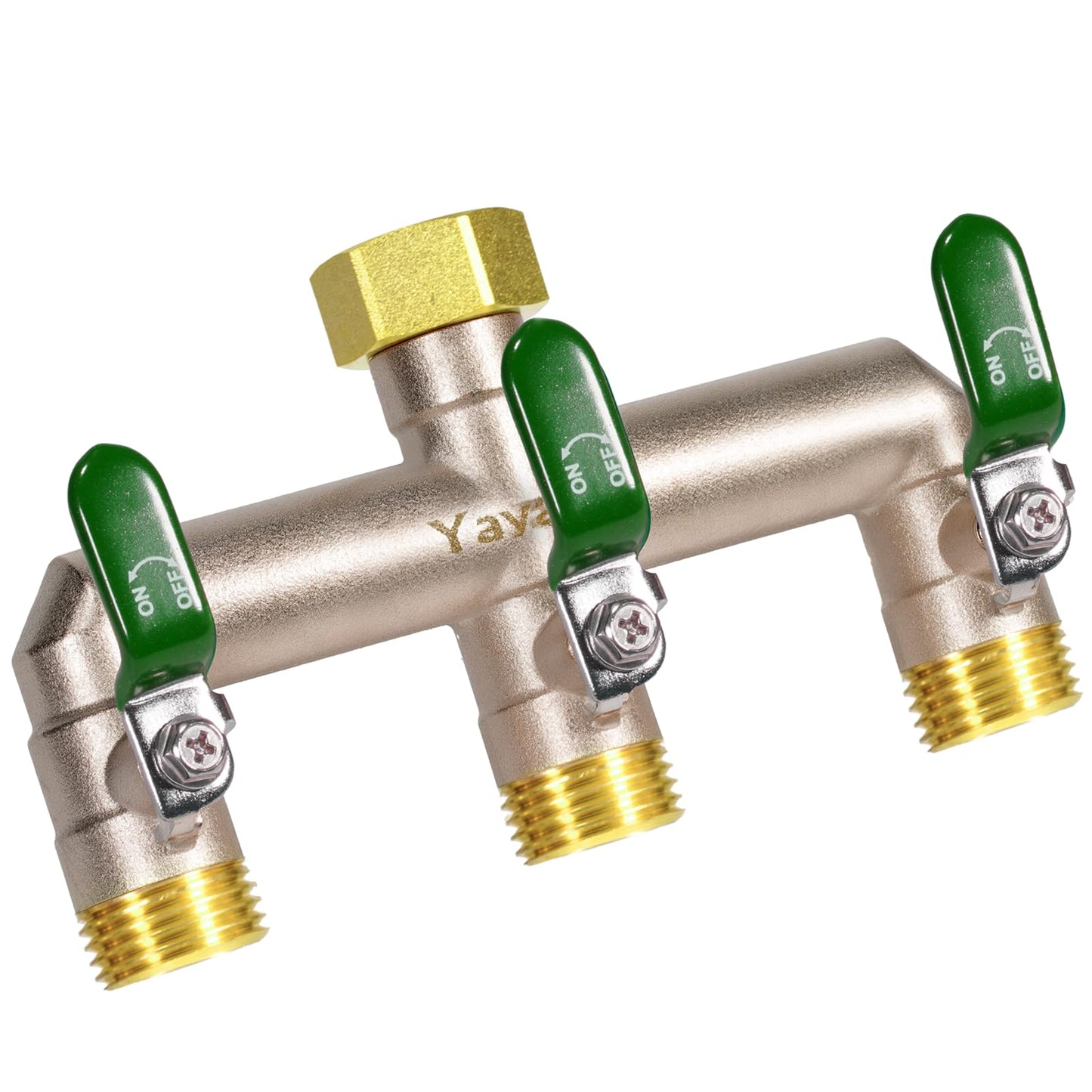 Yayamz Heavy Duty Brass Garden Hose Splitter - 3-Way 3/4" GHT Thread, High Flow Faucet Splitter, Water Hose T Spigot Splitter with Shutoff Valves, Water Adapter & Connector-Long Metal Handle