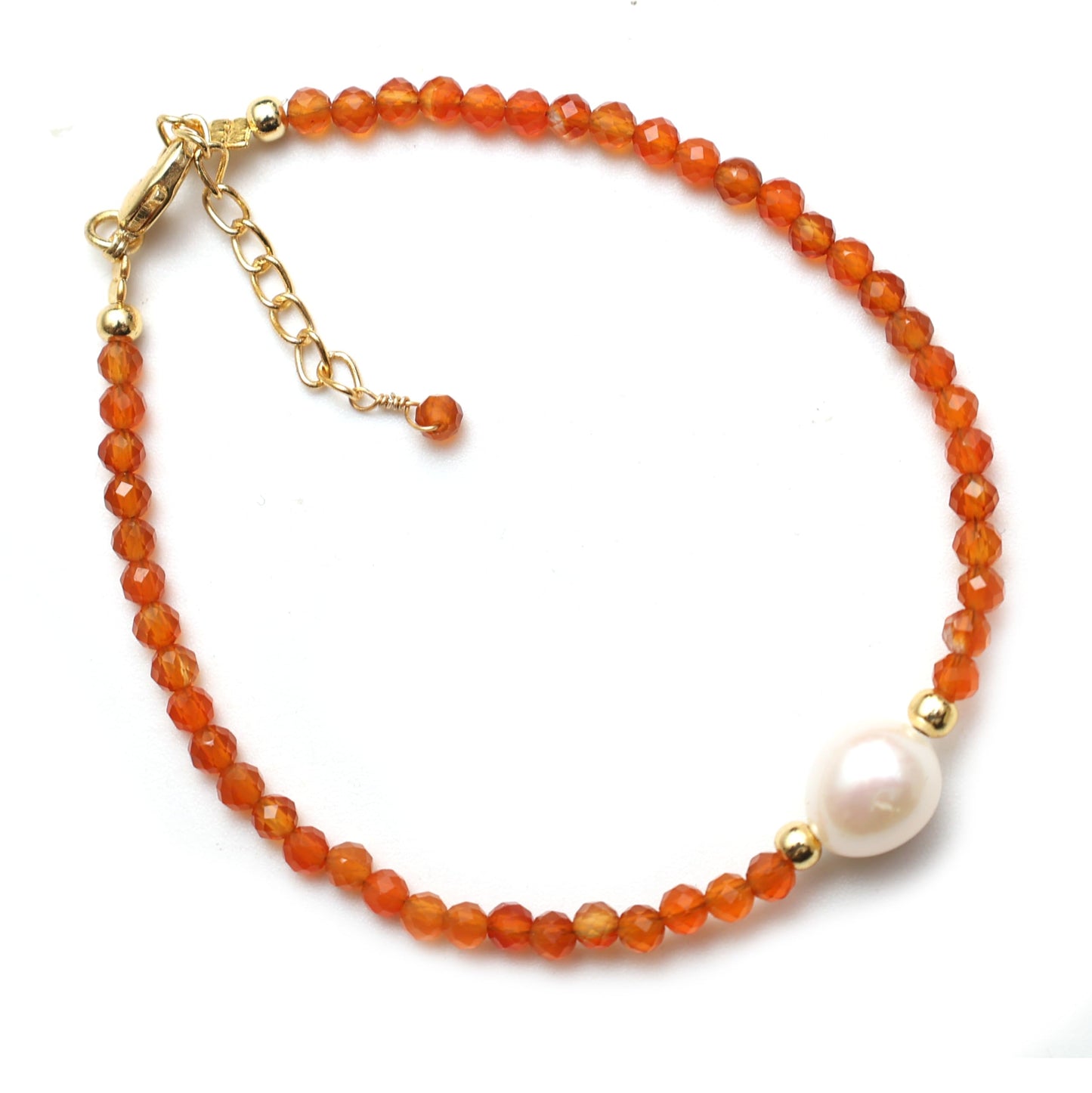 Gempires Orange Carnelian Beaded Bracelet with Pearl Choker Crystal Jewelry Lightweight July Birthstone Gifts Hypoallergenic 7.5 Inch Gold Plated Bracelets For Women